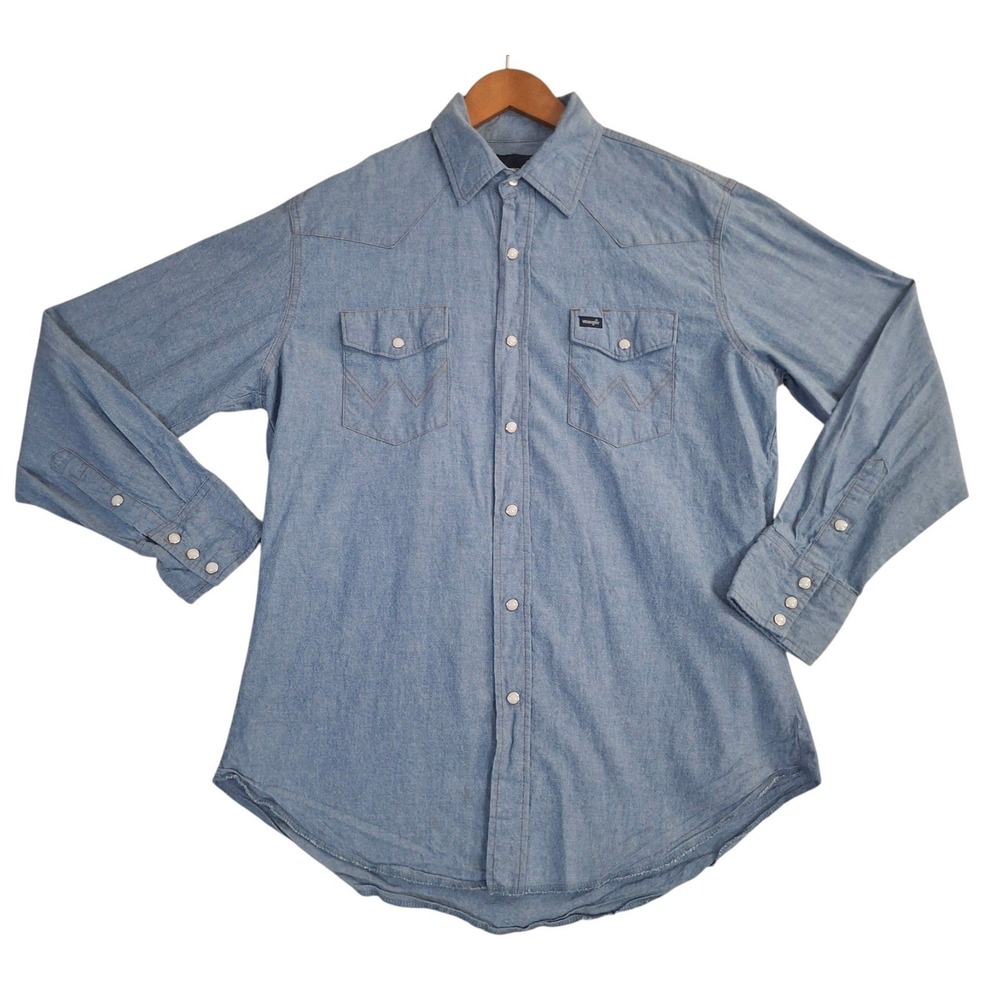 Wrangler Western Pearl Snap Long Sleeve Shirt Men's Blue Denim Large Chambray L